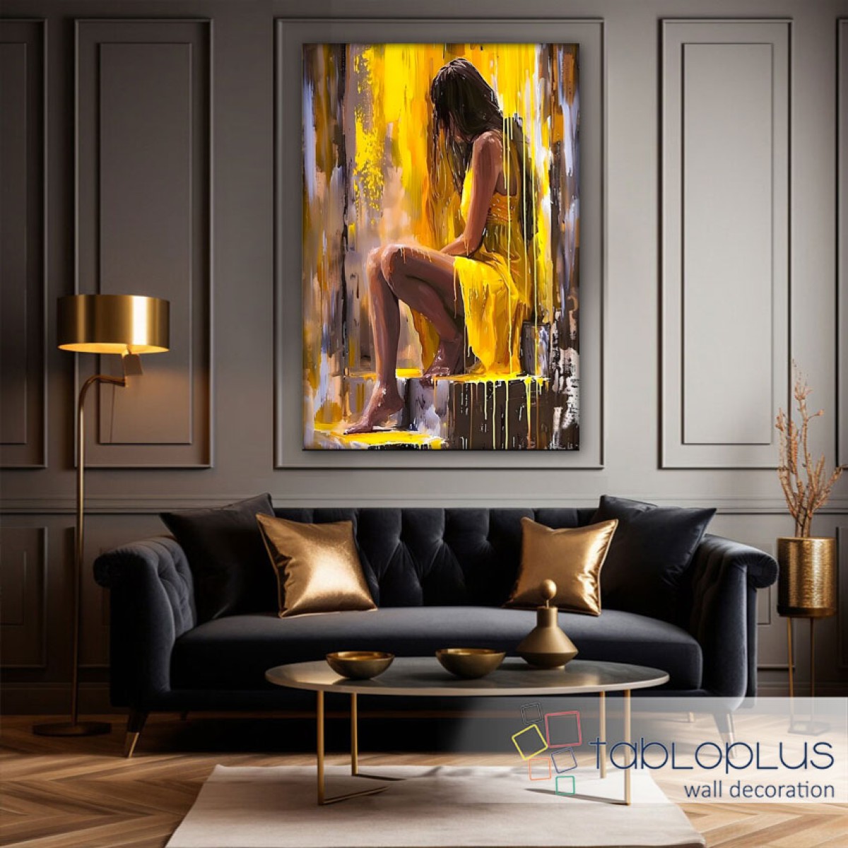 Yellow Dressed Woman Textured Partial Oil Painting - Wall Art